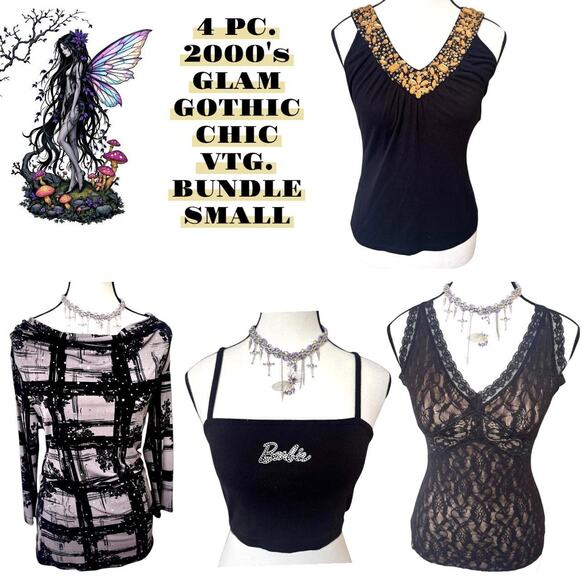 4 PC. GLAM‎ Y2K GOTHIC CHIC BLACK LACE BEADED SPARKLE TOP BUNDLE SMALL - Picture 1 of 8